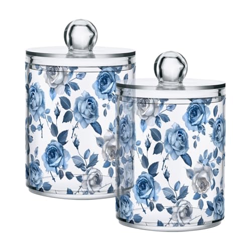 2 Pack Qtip Holder Organizer Dispenser Roses Blue Grey Bathroom Storage Canister Cotton Ball Holder Container for Cotton Pads (2 Count)