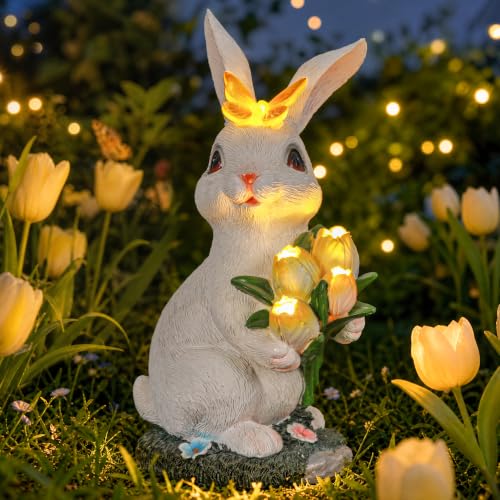 Solar Rabbit Statue Waterproof LED Flower Bouquet Garden Decor