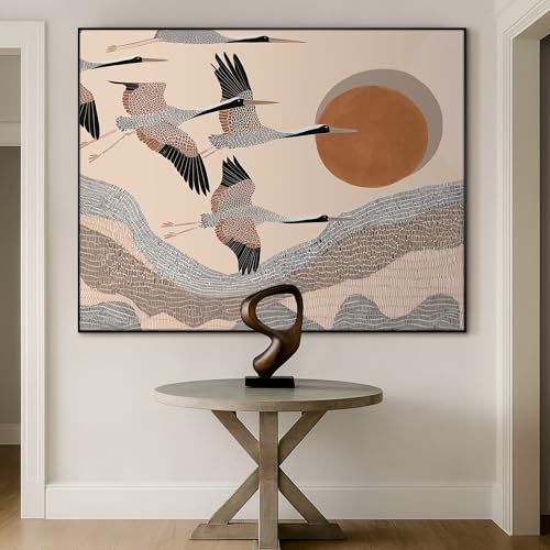 60"x72" Extra Large Framed Wall Art Flying Cranes Over Sunlit Hills Illustration for Home Living Room Bedroom Decor