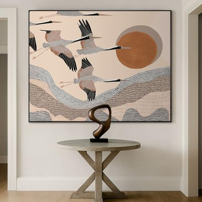60"x72" Extra Large Framed Wall Art Flying Cranes Over Sunlit Hills Illustration for Home Living Room Bedroom Decor