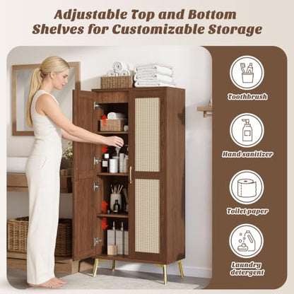 Tall Bathroom Storage Cabinet 57" Rattan Pantry Cabinet