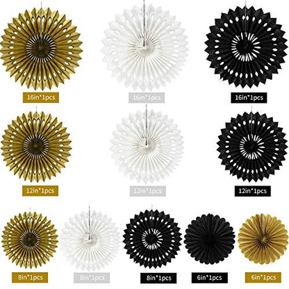 Honeycomb Round Paper Fan Black Gold White Hanging Party Supplies (9 Count)