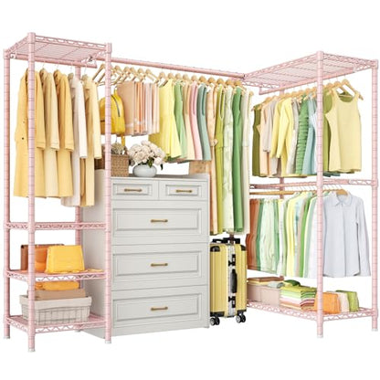 E10L L Shaped Clothes Rack for Corner（With Expandable Hanger Rod）Heavy Duty Freestanding Clothing Racks for Hanging Clothes