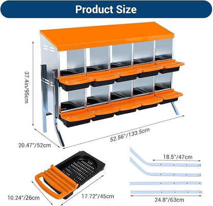 Chicken Nesting Box, 10-Compartment Egg Laying Box, Convenient for Collecting Eggs, Ventilated Poultry House Equipment in Metal Chicken Coop, Suitable for Hens and Ducks, (Orange, with Stand)
