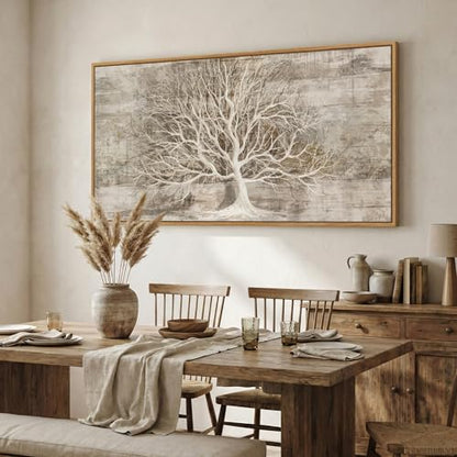 Large Framed Neutral Tree of Life Wall Art for Living Room
