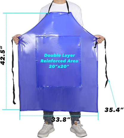 Waterproof Rubber Vinyl Work Apron -42.5" x 33.8" Plus Size Double Reinforced Chemical Resistant PVC Blue Bib Apron