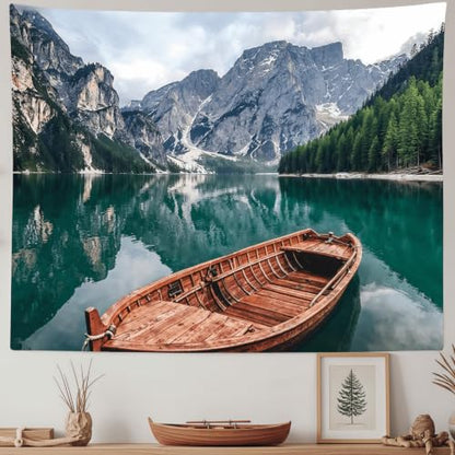 Nature Mountain Lake Boat Tapestry 48x36 Inch