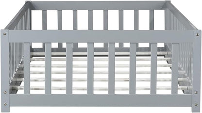 Bellemave Twin Size Floor Bed for Kids, Girls, Boys, Rubber Wood Floor Bed with slats and Door, Grey