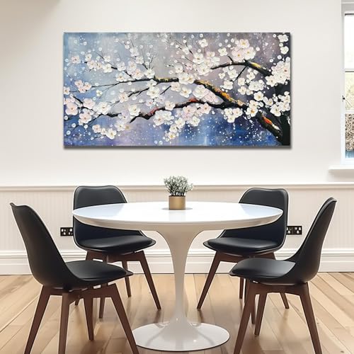Plum Blossom Painting Wall Decor For Bedroom Women Modern Wall Art For Office Blue And White Wall Art For Living Room Large Size 29 x 58 Inch