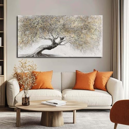 Gold Wall Art Canvas Wall Pictures Large Artwork Landscape Painting Photo Prints Wall Decorations Tree Wall Decor for Living Room Dining Room 29"x58"