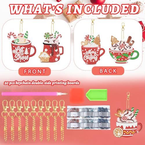 20 Pcs Christmas Diamond Painting Keychain Kits with Tools Hot Cocoa Themed Art Key Chain Craft Kits Merry Christmas Cute Hanging Handmade 5D Art and Craft Supplies Accessories (20 Count)