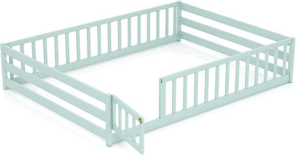 KOMFOTT Full Size Wood Floor Bed with Door & Fence, Montessori Bed Frame with Full Length Safety Guardrails, Door & Latch, Wooden Montessori Floor Bed for Kids, Girls, Boys (Full,Light Green)