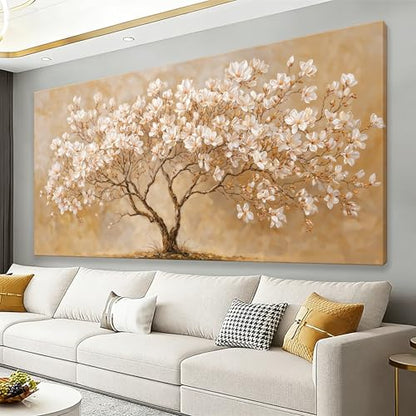Canvas Wall Art Decor Beige Magnolia Tree of Life Canvas Art Wall Decor For Living Room Modern Tree Nature Botanical Canvas Prints White Flower Wall Art Decor For Bedroom Home Office Decor 20"×40"