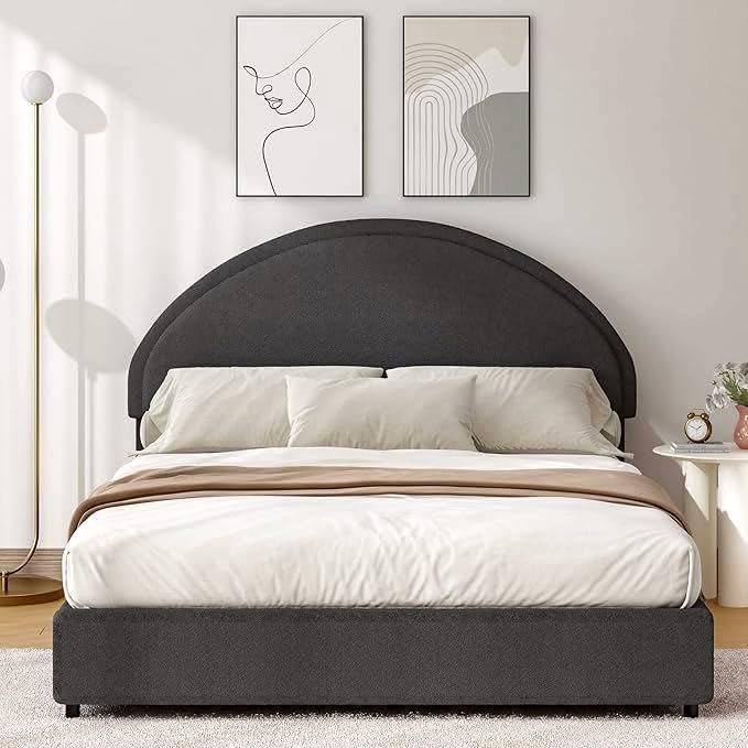 Queen Bed Frame, Boucle Upholstered Platform Bed Frame with Headboard, Soft Platform Bed with Round Conner, No Box Spring Required, Easy Assembly, Dark Grey
