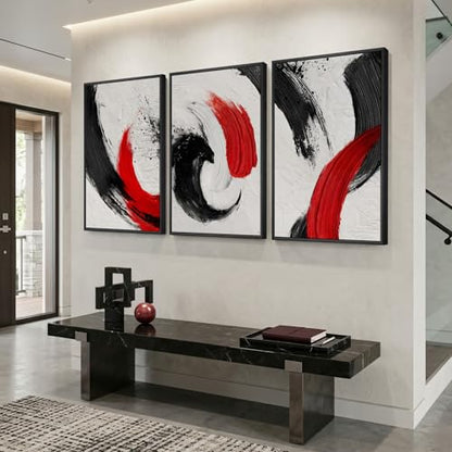 Large Framed Red Black White Abstract Wall Art for Living Room (3 Count)