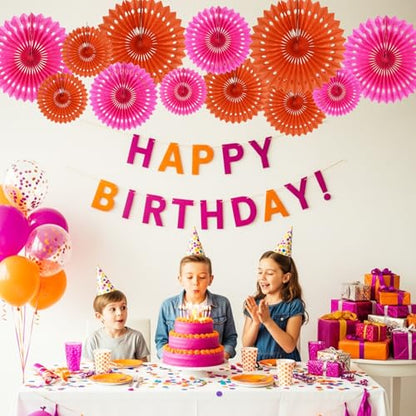 Honeycomb Round Paper Fans Pink Orange Hanging Party Decoration (12 Count)