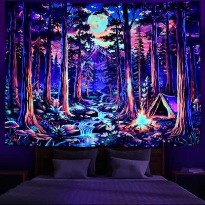 Blacklight Fantasy Forest Tapestry UV Reactive Galaxy Space Moon Tapestry Trippy Pine Trees Wall Tapestries Nature Landscape Mountain River Tapestries Wall Hanging for Bedroom