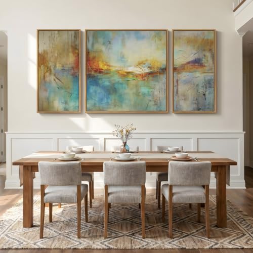 Extra Large Framed Blue Orange Abstract Wall Art for Living Room (3 Count)