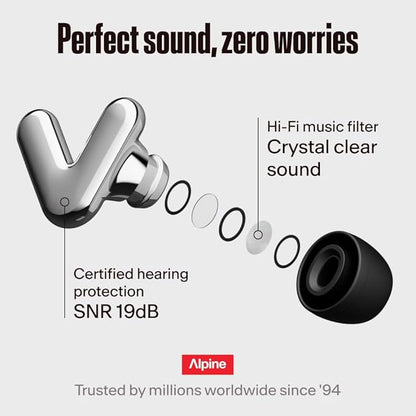 Alpine Tune Earplugs, Concert Ear Plugs for Noise Reduction, High Fidelity Music Quality, 19dB Hearing Protection with Crystal Clear Sound, Incl. 4 Sizes, For Parties, Raves, Festivals & Clubs, Silver