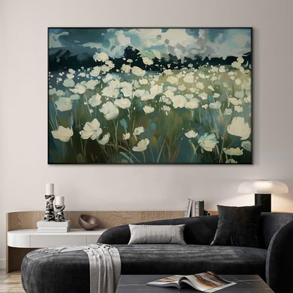 46"x72" Extra Large Framed Wall Art White Wildflower Field in Impressionist Style
