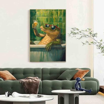 Crocodile Bathroom Canvas Funky Animal Posters Vintage Green Picture Wild Animals Painting Aesthetic Cocktail Picture Funny Bathroom Animals Prints Living Room Decor 16x24inch No Frame