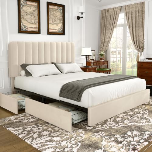 King Size Upholstered Bed Frame with 4 Drawers and Headboard