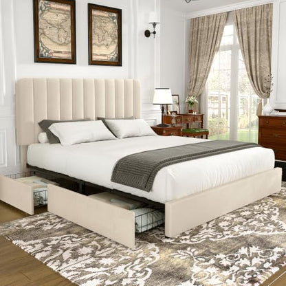 King Size Upholstered Bed Frame with 4 Drawers and Headboard