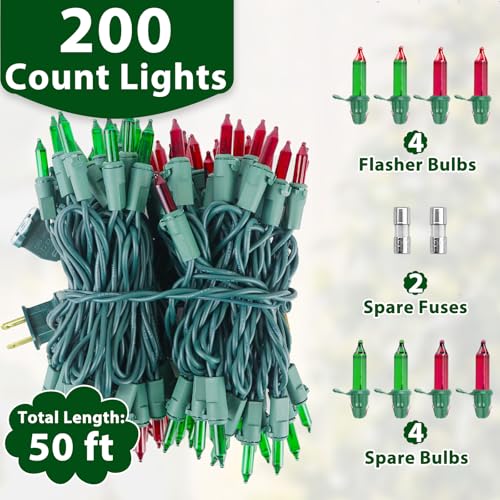 Christmas Lights 50FT 200 Count Incandescent Bulbs Red and Green Mini Lights with Green Wire for Christmas Tree