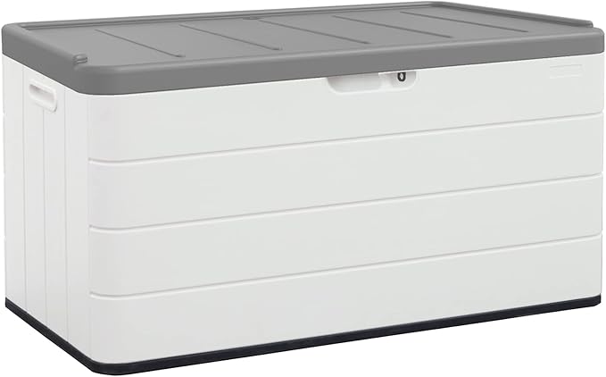 110 Gallon Outdoor Deck Box, Outside Storage Box Waterproof for Cushion Storage, Garden Tools, Lockable Outdoor Storage Bin, Light Beige