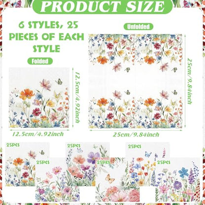 150 Pcs 5 x 5 Inches Wildflower Floral Paper Napkins for Decoupage Disposable Cocktail Napkins Decorative Guest Hand Paper for Picnic Bathroom Wedding Shower Birthday Tea Party (150 Count)
