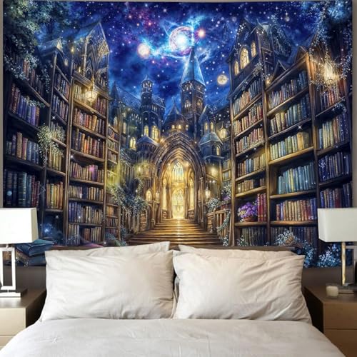 Fantasy Bookshelf Tapestry Space Library Tapestries Wall Hanging Gothic Galaxy Castle Magic Book Extra Large Tapestry for Bedroom Living Room Dorm Classroom 90 x 68 inch