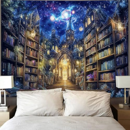 Fantasy Bookshelf Tapestry Space Library Tapestries Wall Hanging Gothic Galaxy Castle Magic Book Extra Large Tapestry for Bedroom Living Room Dorm Classroom 90 x 68 inch