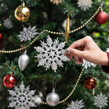 Glitter Christmas Silver Plastic Snowflake Ornaments for Winter Holiday (60 Count)