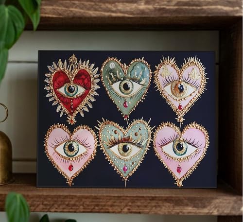 Psychedelic Eyes Canvas Wall Art Gothic Maximalist Witchy Art Wall Decor Picture Dark Academia Aesthetic Poster Eclectic Love Heart Jewel Gem Painting Print Artwork for Bedroom Living Room Decorate