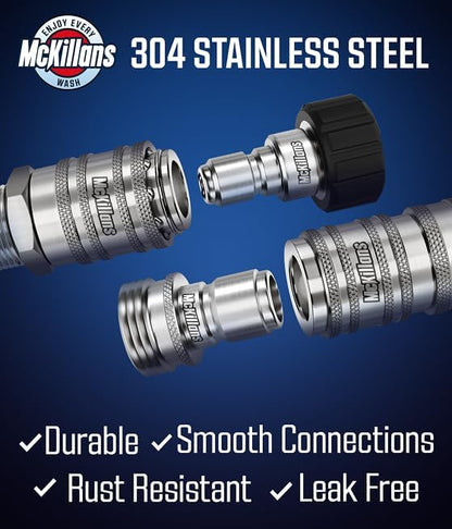 McKillans® 2025 Automatic M22-14mm Pressure Washer Quick Connect Kit - M22 to 3/8 Quick Connect Pressure Washer Fittings - Power Washer Accessories - Hose Adapter Set - 8-Piece Kit (Stainless Steel)