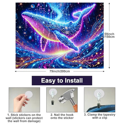 Blacklight Tapestry Whale Circuit Glow Backdrop 78 x 59 Inch