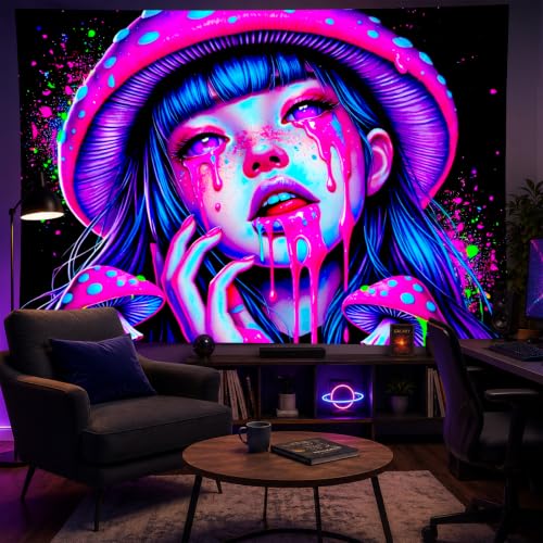Blacklight Tapestry Girl 78x59 Inch Blacklight Mushroom Tapestry