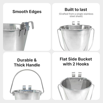 1.5 Gallon Stainless Steel Bucket - Heavy Duty Flat-Side Metal Bucket for Pets & Livestock Feeding - Rust Resistant Water Bucket with Hooks for Kennels, Cages, Crates & Fences - 6 Quart