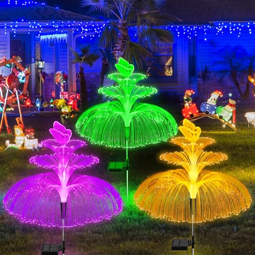 Solar Garden Lights 3 Pack New Upgraded Solar Lights Outdoor Waterproof 3 Layers 7 Color Changing Jellyfish Butterfly Decorations for Garden Yard Gifts for Women (3 Count)