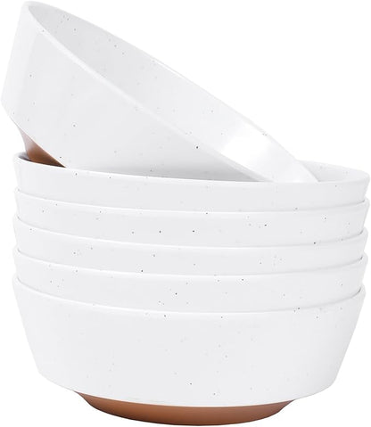Webbylee 6-inch Melamine Bowls set of 6-20-ounce Dinnerware Cereal Bowls for Soup, Salad & Dessert | Dishwasher Safe & Space Saving (White/Brown)