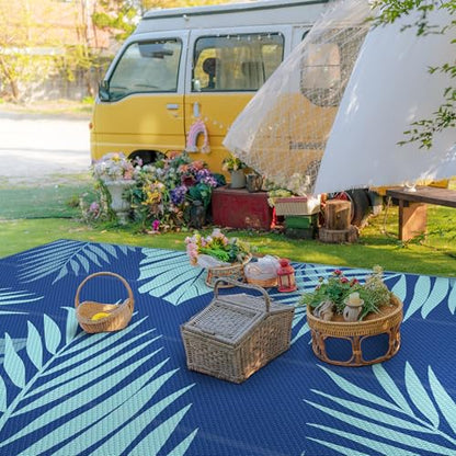 Outdoor Rug Waterproof Plastic Rugs 10'x14' for Camping Navy Green