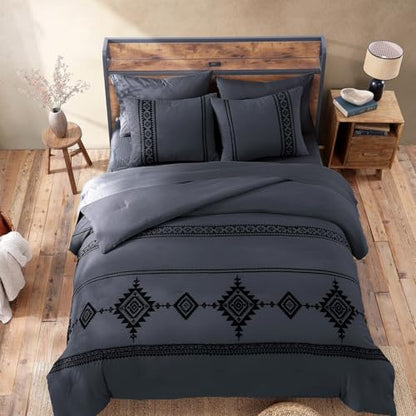 Embroidery Full Size Comforter Set 7 Pieces Crown Blue Bed in a Bag