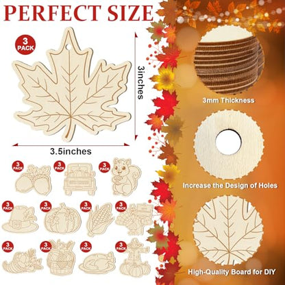 36PCS Wooden Thanksgiving Decoration Fall Ornaments to Paint Happy Thanksgiving Crafts Cutouts Unfinished (36 Count)