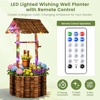 54" Outdoor Wooden Wishing Well Planter with Colorful LED Lights