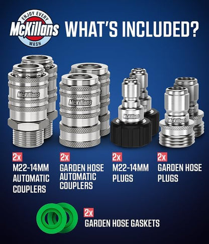 McKillans® 2025 Automatic M22-14mm Pressure Washer Quick Connect Kit - M22 to 3/8 Quick Connect Pressure Washer Fittings - Power Washer Accessories - Hose Adapter Set - 8-Piece Kit (Stainless Steel)