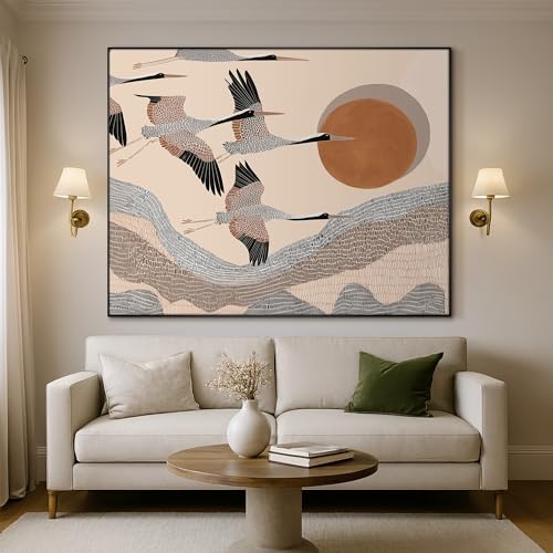 60"x72" Extra Large Framed Wall Art Flying Cranes Over Sunlit Hills Illustration for Home Living Room Bedroom Decor
