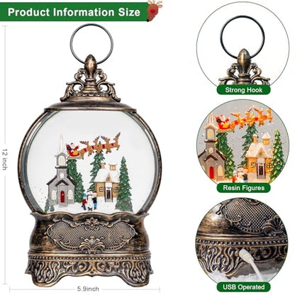 Christmas Snow Globes Lantern Snow Globe with Music Water Lantern Santa Flying Scene Elk Lighted Swirling Water Glitters Snowglobe Christmas Decoration