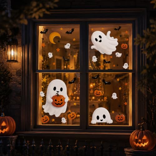 Halloween Window Clings Cute Ghost Pumpkin Bat Moon Window Decals Stickers for Halloween Party Supplies Home Glass Decorations