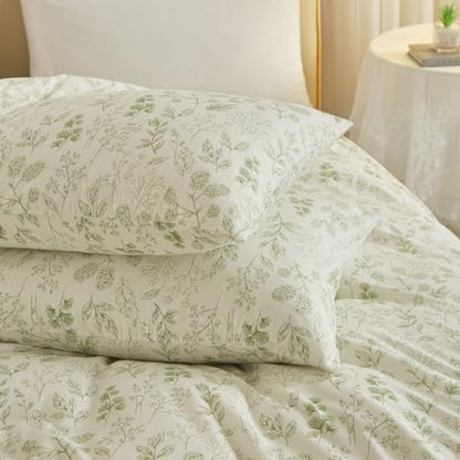 Garden Style Green Floral Comforter Set Full Size White Soft Fluffy Microfiber Comforter Chic Floral Printed Bedding Set Vintage Flowers Leaves Botanical Comforter Set All Seasons Full Comforter Set