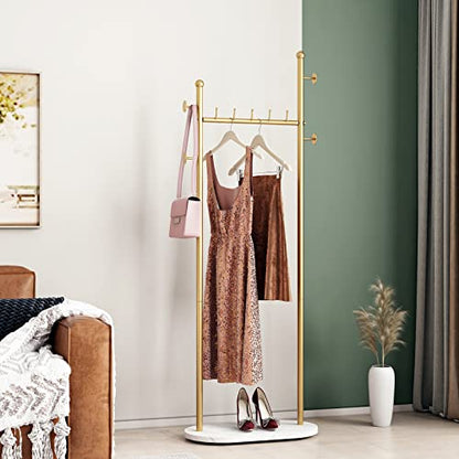 Gold Clothing Racks with Marble Base Modern Coat Racks Freestanding Gold Clothes Rack with Shelves for Bedroom Heavy Duty Garment Racks in Hallway